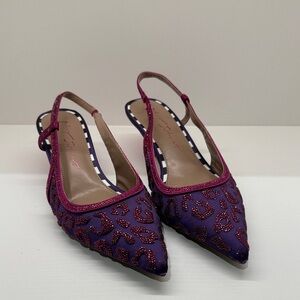 Betsey Johnson Navy Beaded Floral Slingback Heels